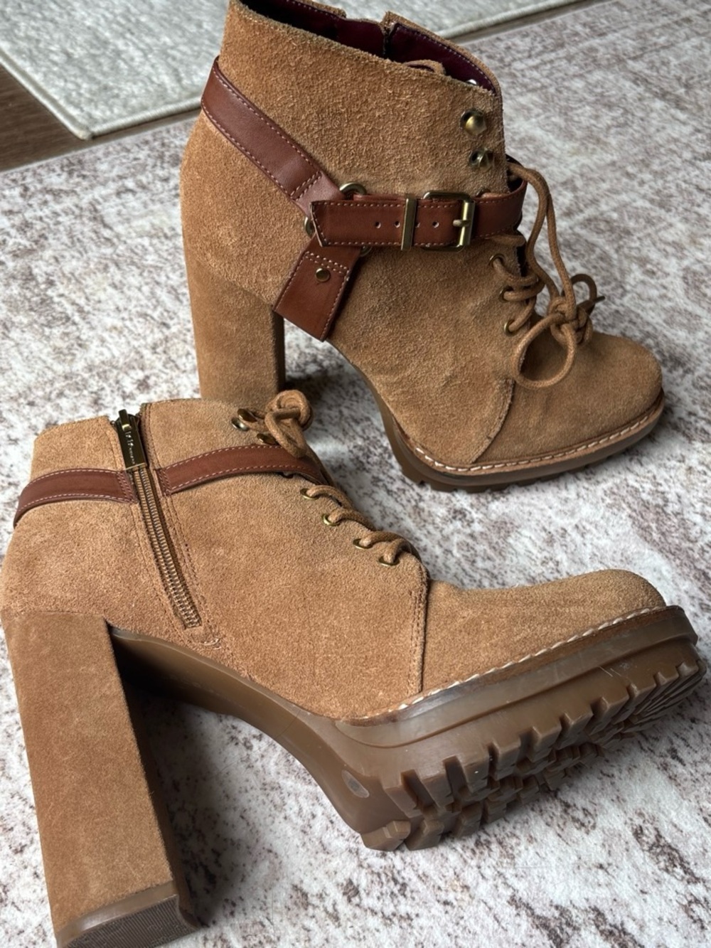 BCBGeneration Brown Suede Lace-Up Block Heel Ankle Boots with Buckle